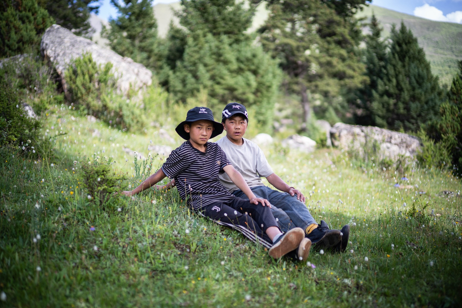 Two boys sitting in a meadow
